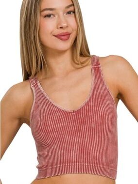 ⭐️Washed Rust Ribbed Cropped Bra Padded V-neck Tank Top